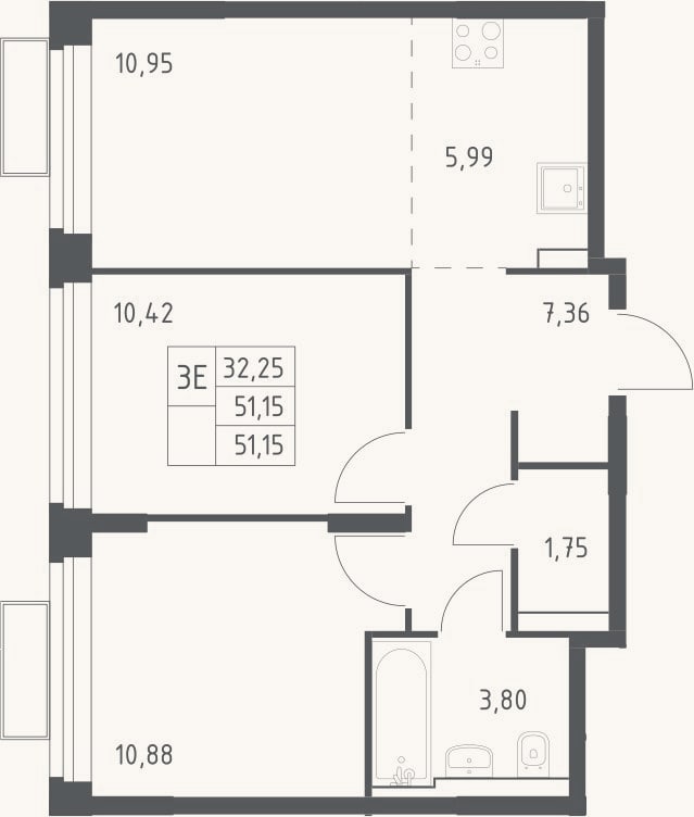 Планировка: 3-к, 51,2 м²