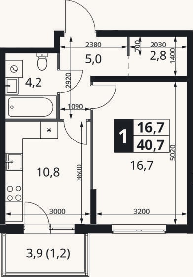 Планировка: 1-к, 39,5 м²