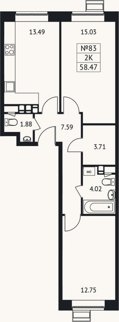 Планировка: 2-к, 58,5 м²