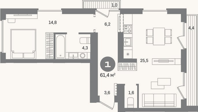 Планировка: 1-к, 56 м²