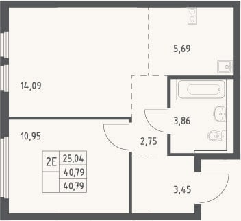 Планировка: 2-к, 40,8 м²
