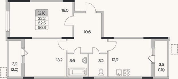 Планировка: 2-к, 62,5 м²