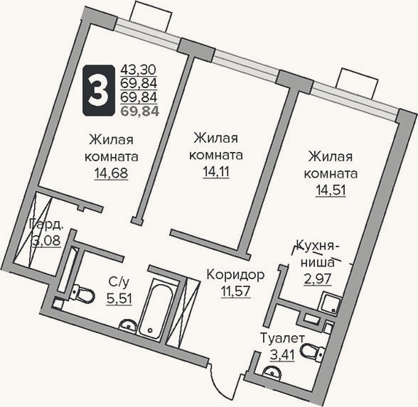 Планировка: 3-к, 69,8 м²