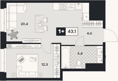 Планировка: 1-к, 43,1 м²