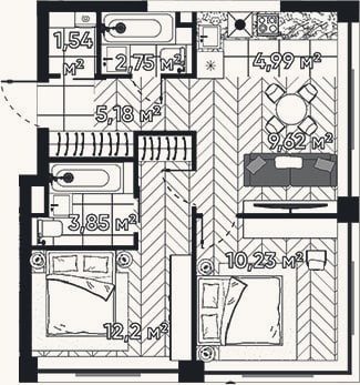 Планировка: 2-к, 50,4 м²