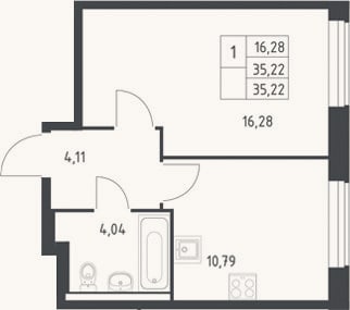 Планировка: 1-к, 35,2 м²