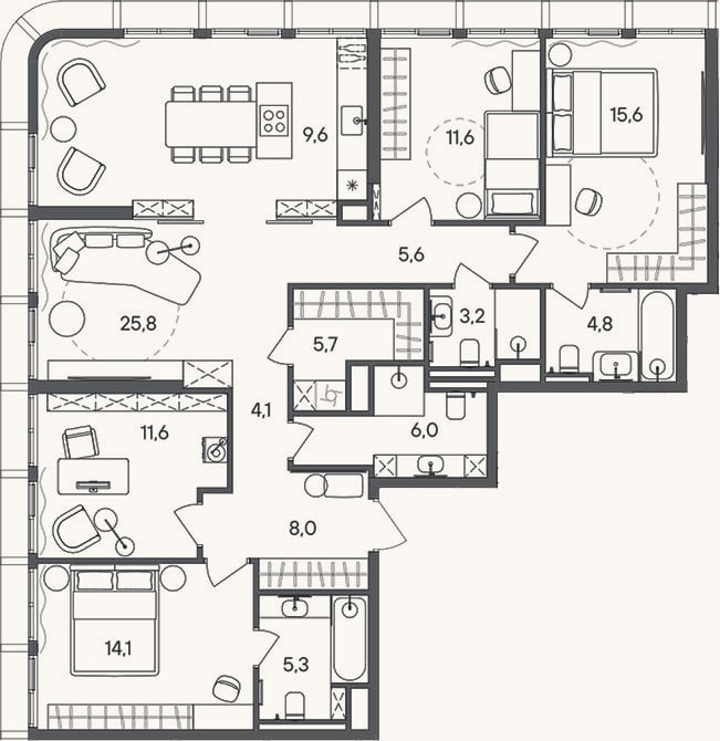 Планировка: 4+ к, 131 м²