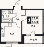 Планировка: 1-к, 32,6 м²