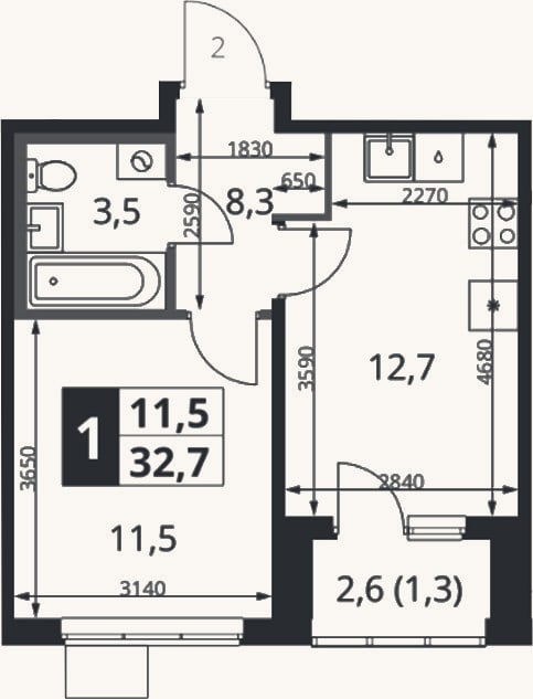 Планировка: 2-к, 31,4 м²