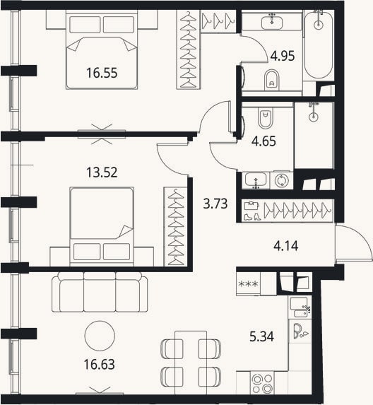 Планировка: 3-к, 69,5 м²