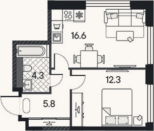 Планировка: 2-к, 39 м²