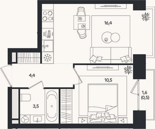 Планировка: 2-к, 34,8 м²
