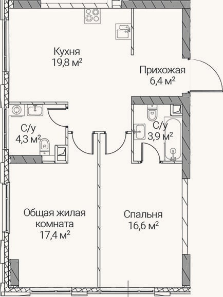 Планировка: 2-к, 68,4 м²