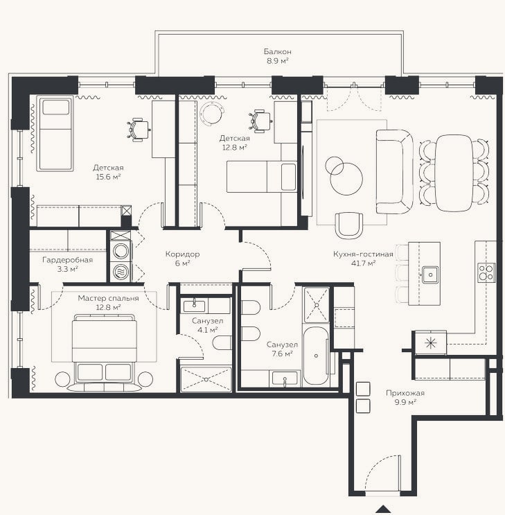 Планировка: 4+ к, 125,4 м²
