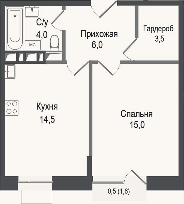 Планировка: 1-к, 43 м²