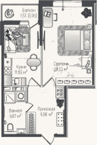 Планировка: 2-к, 45,9 м²