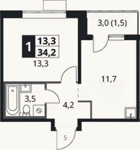 Планировка: 1-к, 32,7 м²