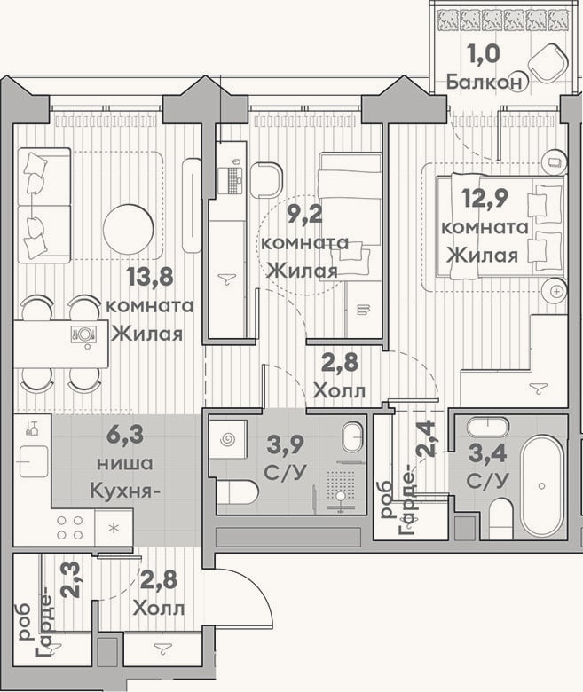 Планировка: 3-к, 59,8 м²