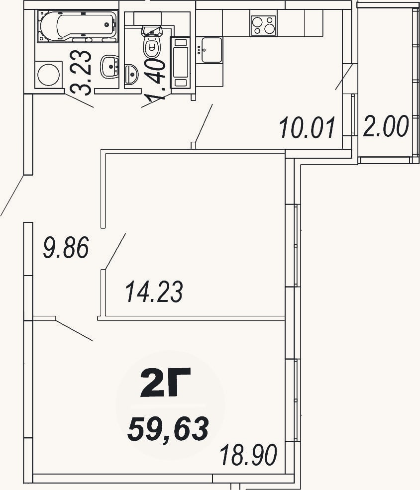 Планировка: 2-к, 57,6 м²