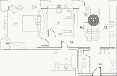 Планировка: 3-к, 75,6 м²