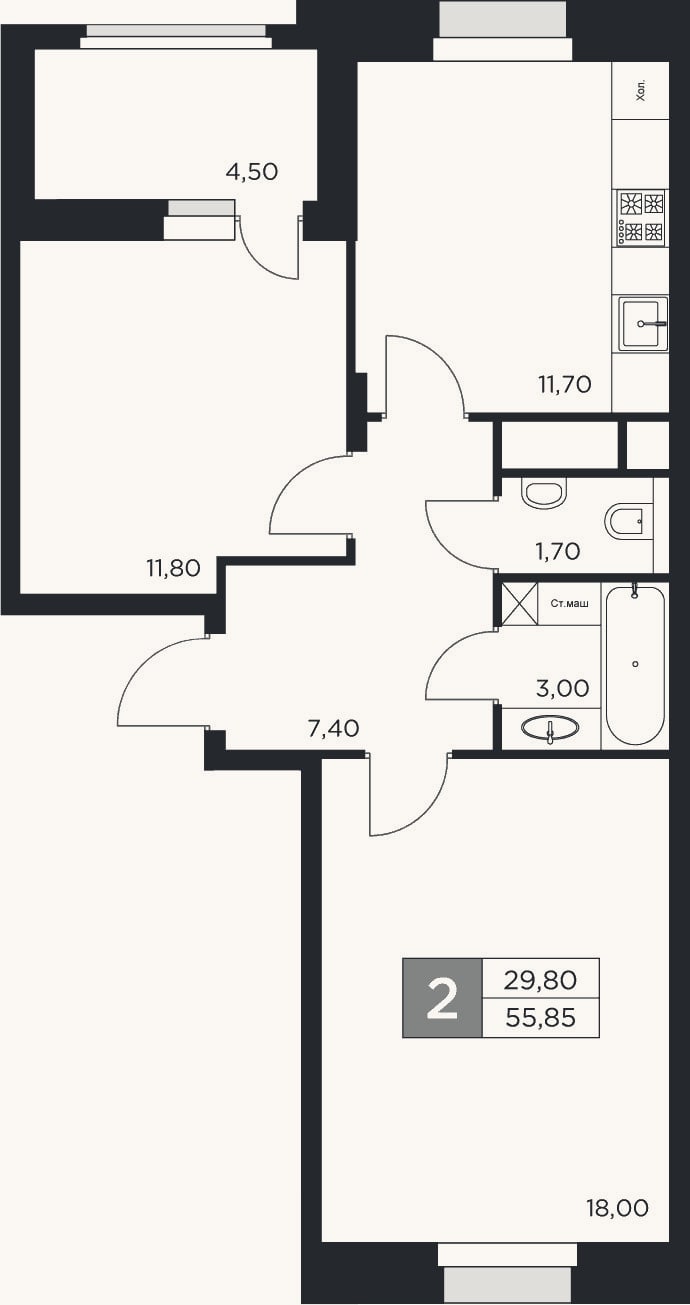 Планировка: 2-к, 53,6 м²
