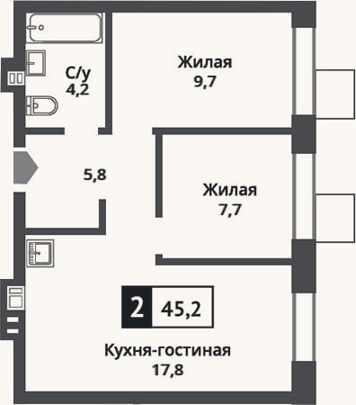 Планировка: 3-к, 45,2 м²