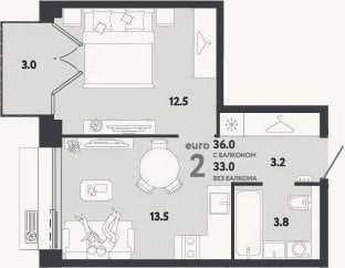 Планировка: 2-к, 33 м²