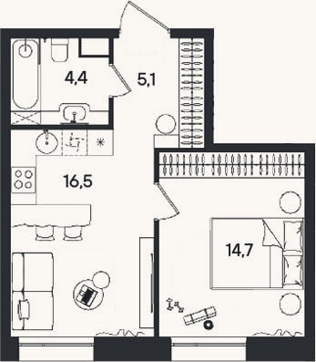 Планировка: 2-к, 40,7 м²