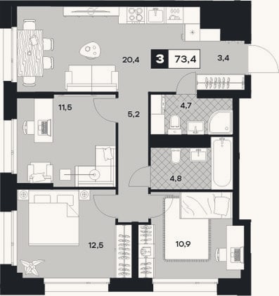 Планировка: 3-к, 73,4 м²