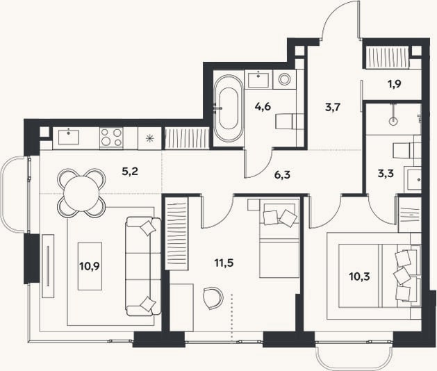 Планировка: 3-к, 57,7 м²