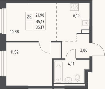 Планировка: 2-к, 35,2 м²