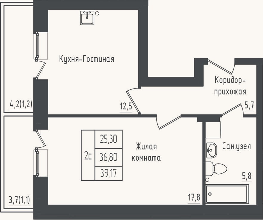Планировка: 1-к, 36,8 м²
