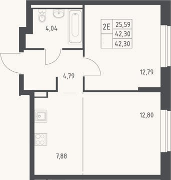 Планировка: 2-к, 42,3 м²