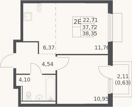 Планировка: 2-к, 37,7 м²