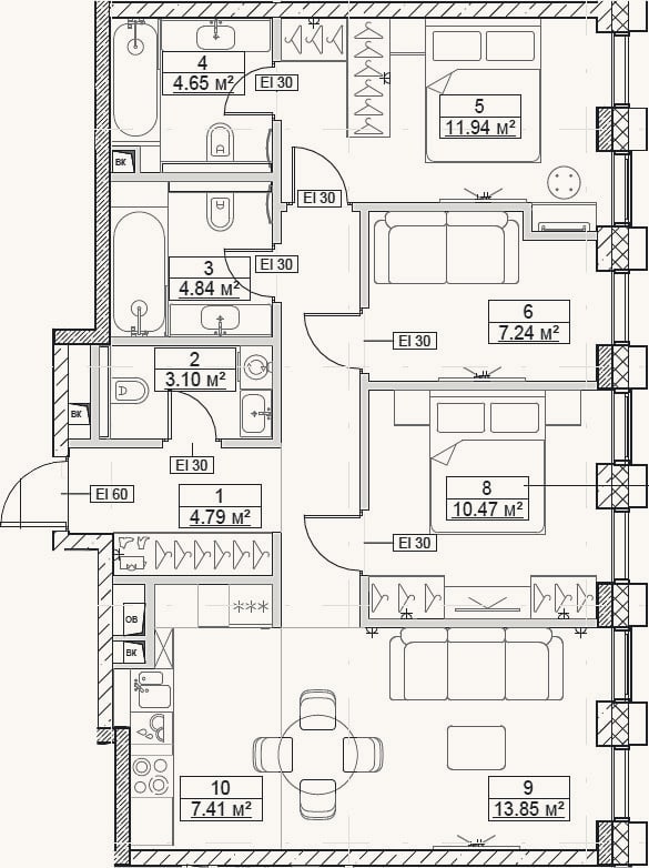 Планировка: 4+ к, 74,6 м²