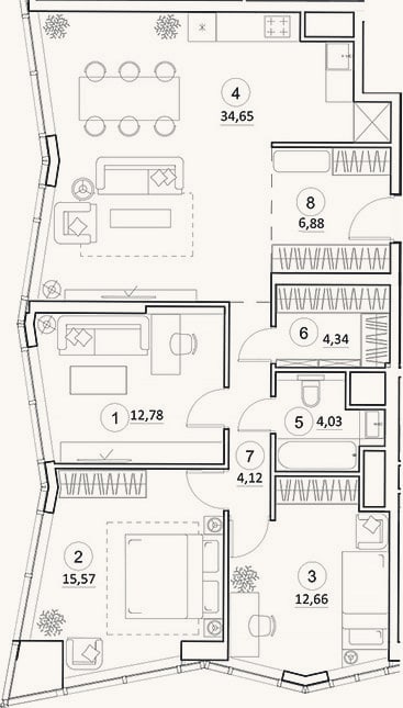 Планировка: 4+ к, 95 м²