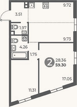 Планировка: 2-к, 59,3 м²