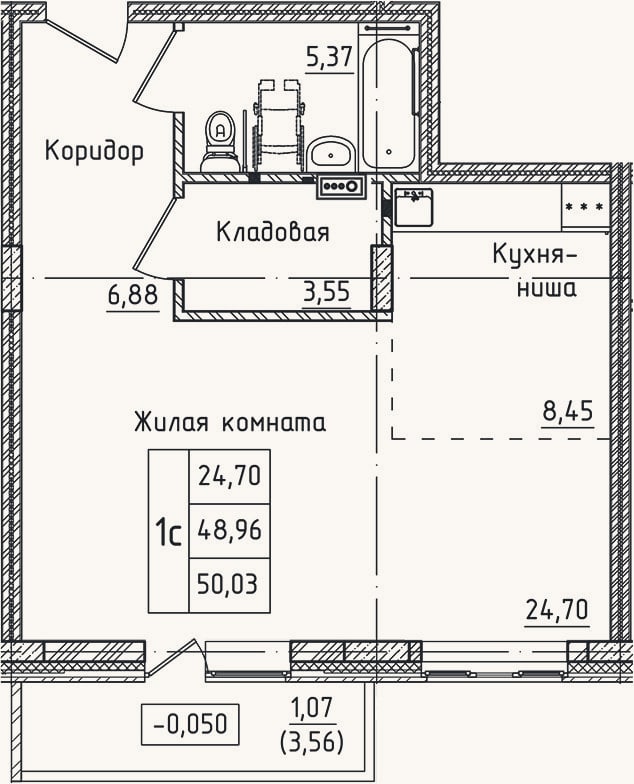 Планировка: Студия, 49 м²