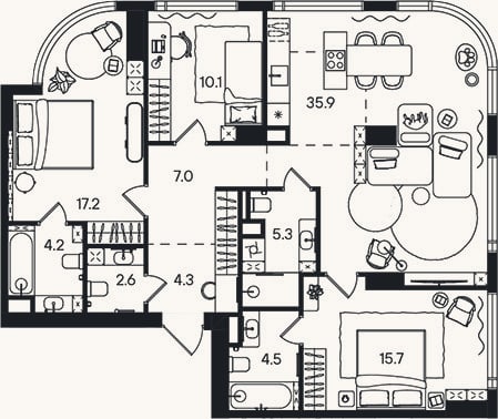 Планировка: 4+ к, 106,8 м²