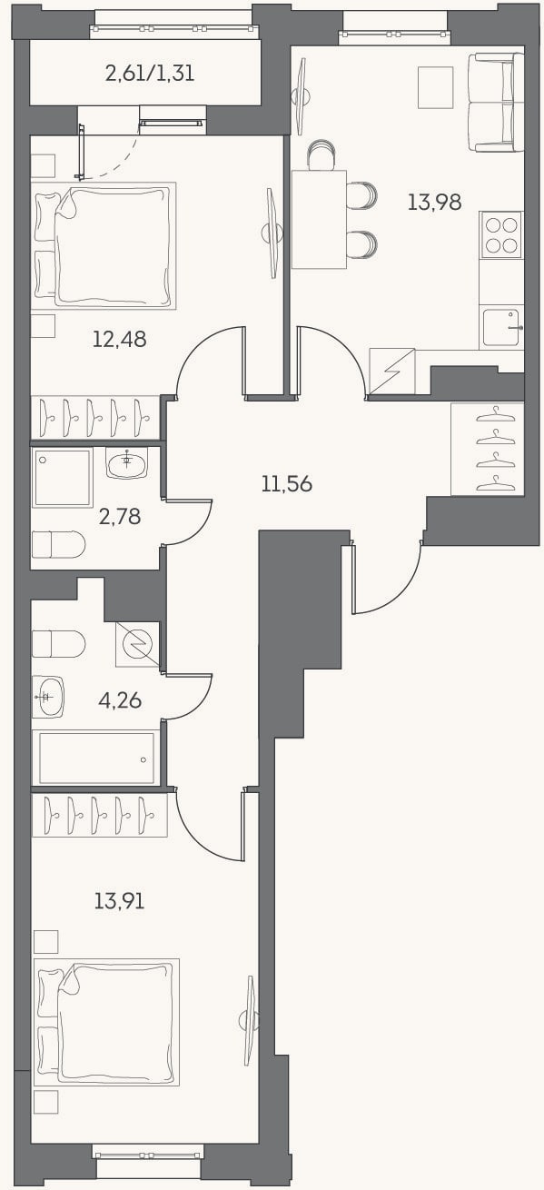 Планировка: 2-к, 57,8 м²