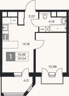 Планировка: 1-к, 32,5 м²