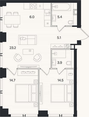 Планировка: 3-к, 72,8 м²
