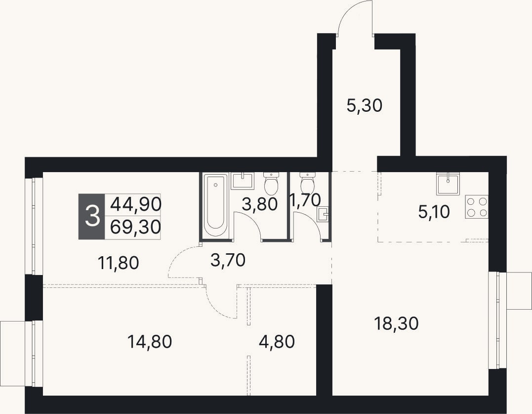 Планировка: 3-к, 69,3 м²