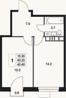 Планировка: 1-к, 40,2 м²