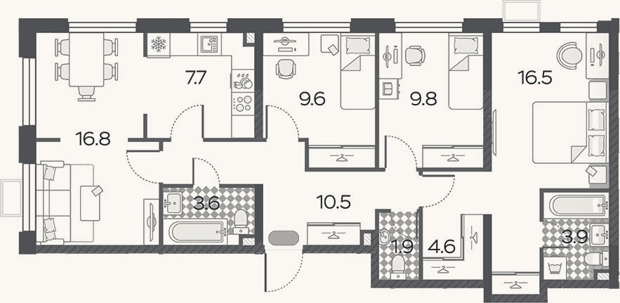 Планировка: 4+ к, 84,9 м²