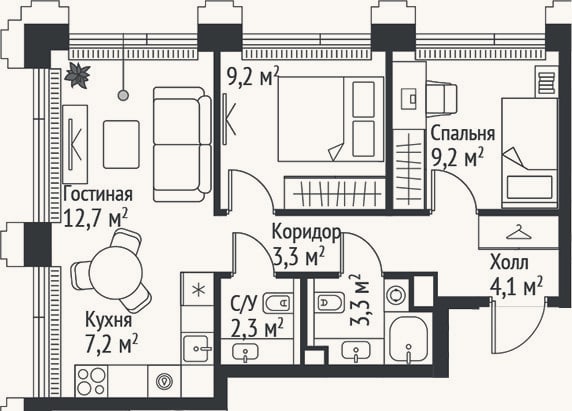 Планировка: 3-к, 51,3 м²