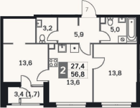 Планировка: 2-к, 53,4 м²