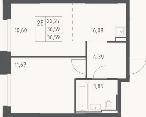 Планировка: 2-к, 36,6 м²