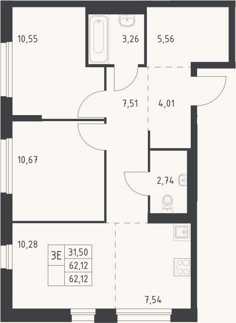 Планировка: 3-к, 62,1 м²