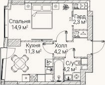Планировка: 1-к, 36,9 м²